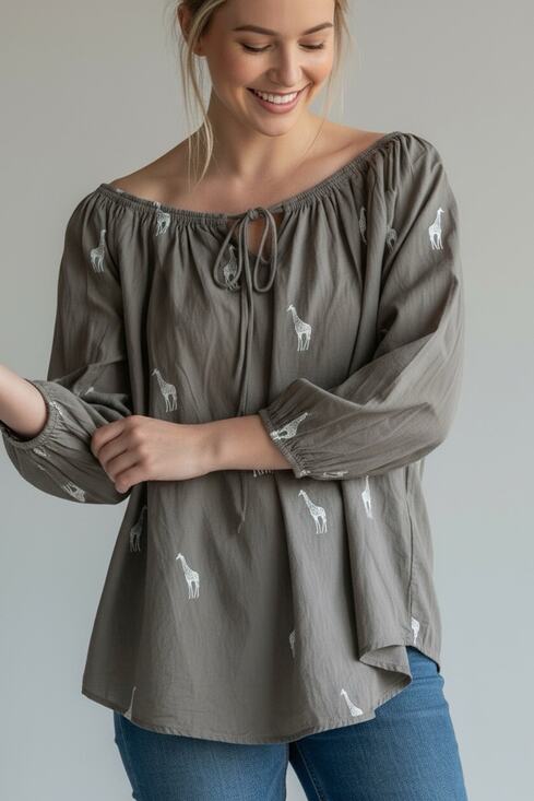 Giraffe Tops - Loft Women's Embroidered Top Giraffe Tie-Neck Blouse Size S 3/4 Sleeves
